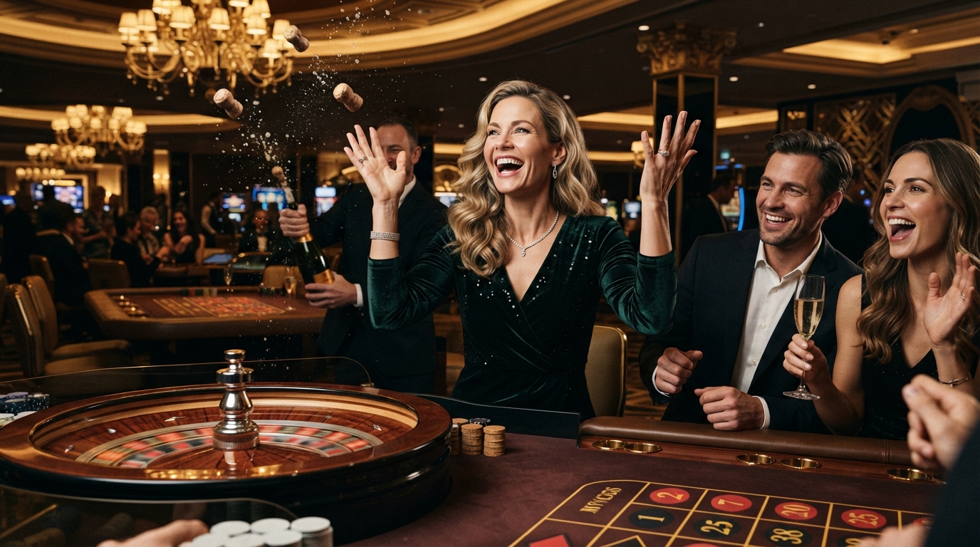 Live Roulette på Casino Online — Elegant kvinde triumferer ved roulettebord med champagnepropper, gyldent lys.