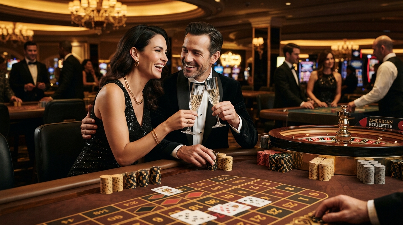Live Roulette på Casino Online — Stilfuldt par fejrer gevinst, jetoner og kort på bord nær roulettehjul.