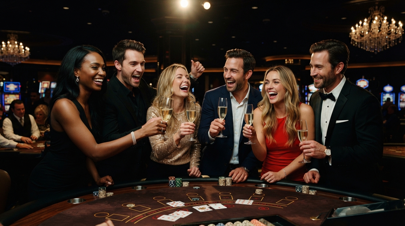 Live Roulette på Casino Online — Smilende gruppe af venner nyder spænding, dybsort baggrund, champagne i glas.