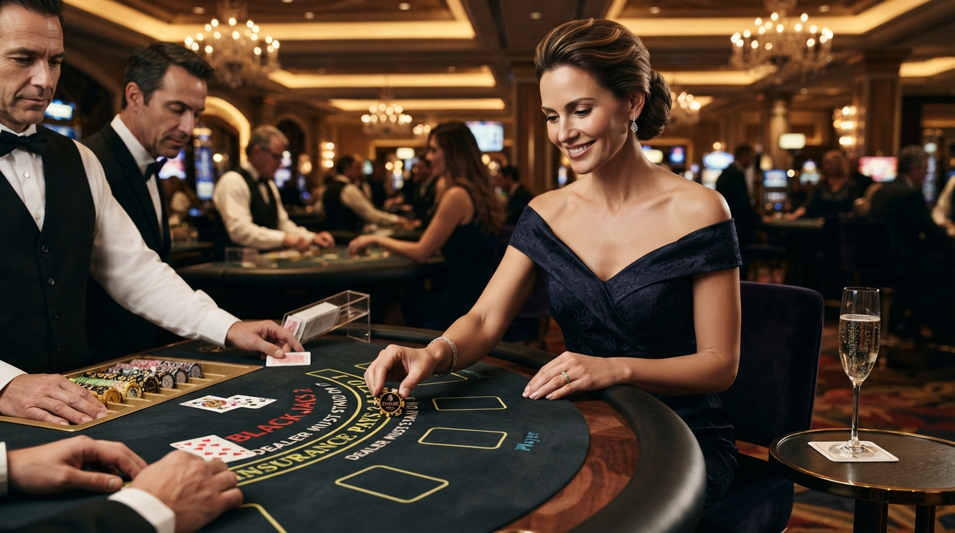 Live Casino Blackjack med PaysafeCard — En elegant kvinde, klædt i en aftenkjole, smiler diskret, mens hun placerer et g