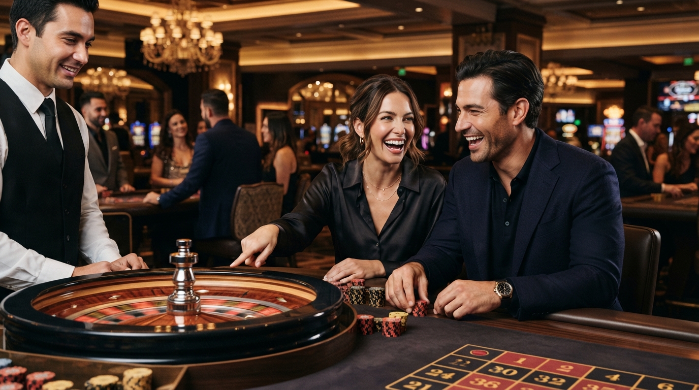 Live Casino Blackjack med PaysafeCard — Et par i afslappet luksus deler et øjebliks spænding ved et roulettebord, deres