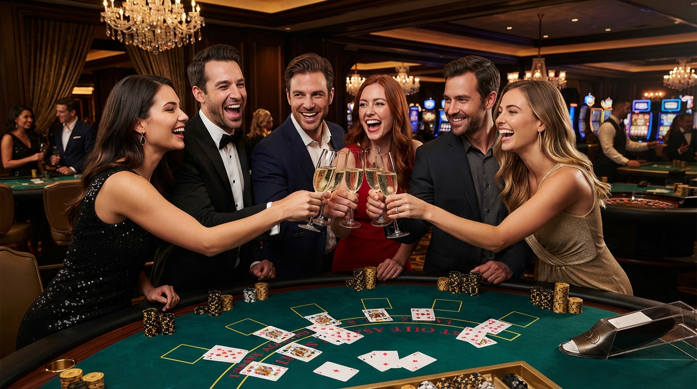 Live Casino Blackjack med PaysafeCard — En gruppe velklædte venner clinker champagneglas over et bord med spillekort og
