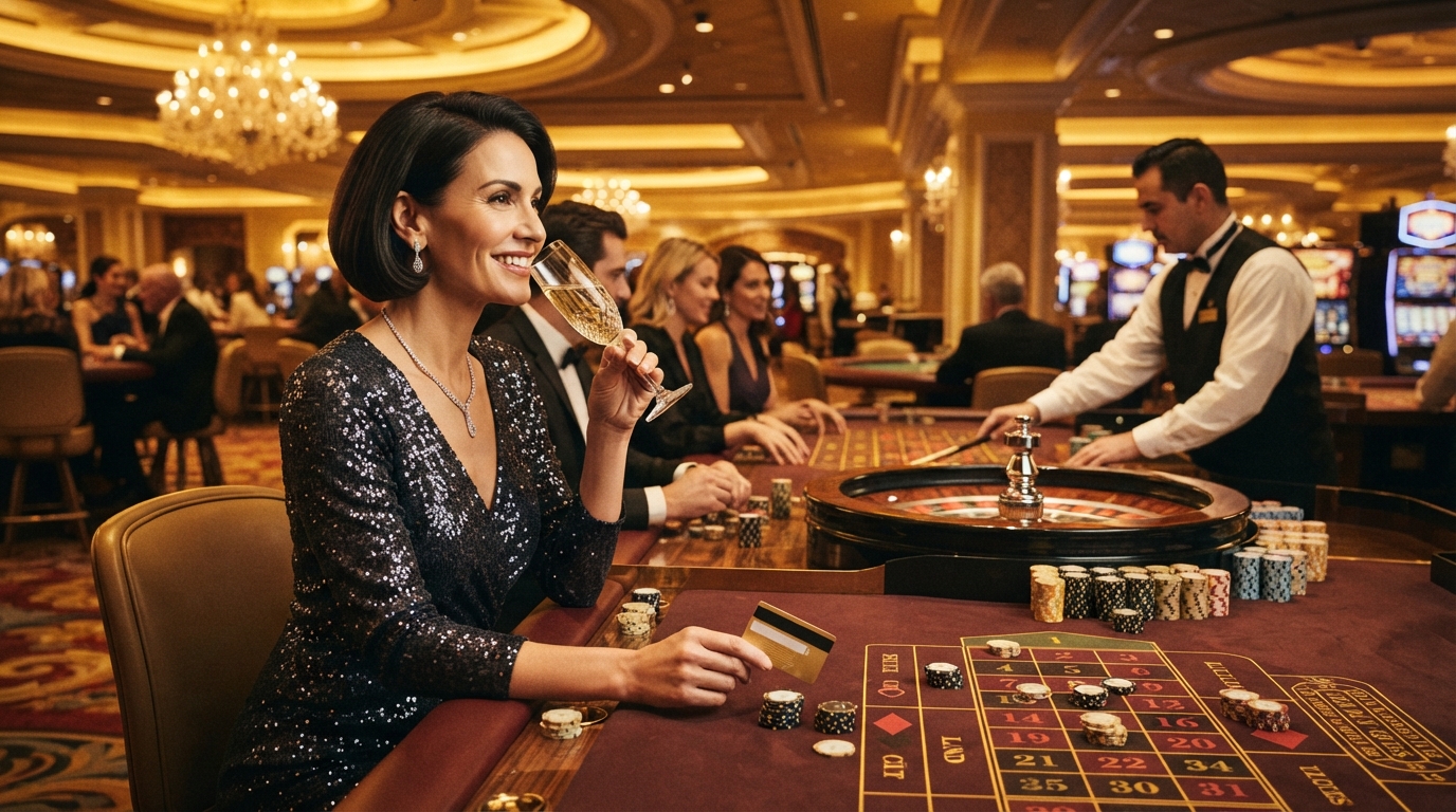 Live casino uden dansk licens — En elegant kvinde nipper til champagne ved et roulettebord, mens hun holder et P