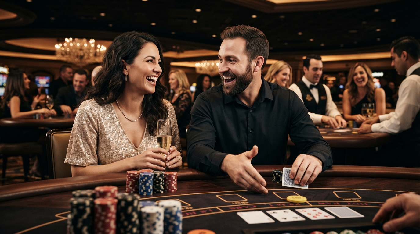 Live casino uden dansk licens — Et par smiler af spænding midt i en livlig pokerrunde, med jetoner og kort diskr