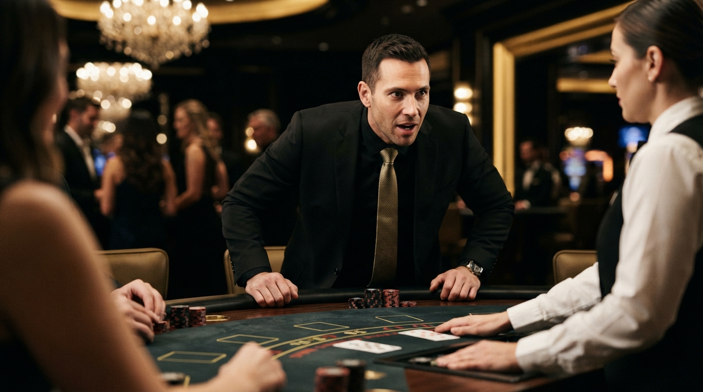 Live casino uden dansk licens — En mand i jakkesæt læner sig frem mod et blackjackbord, dirrende af forventning,