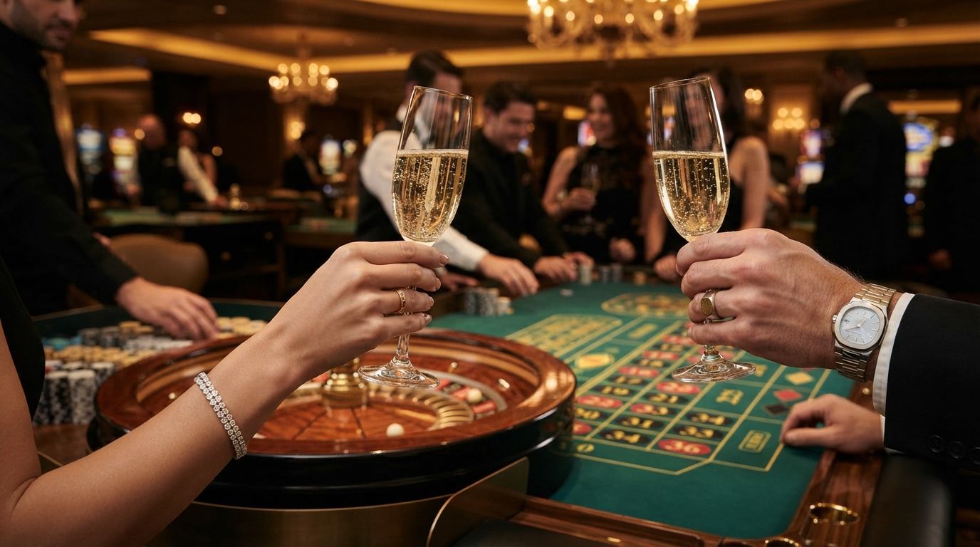 Voodoodreams Nye Casino: Vores Anbefalinger — Elegante hænder med champagnefartøjer ved et roulettebord i gyldne toner.