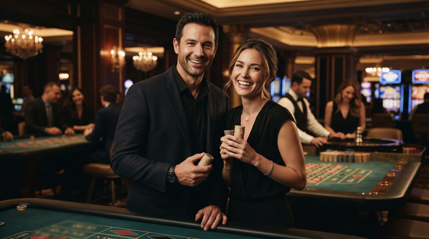 Voodoodreams Nye Casino: Vores Anbefalinger — Et par i mørkt tøj smiler, mens de holder jetoner, med et diskret casino i baggr