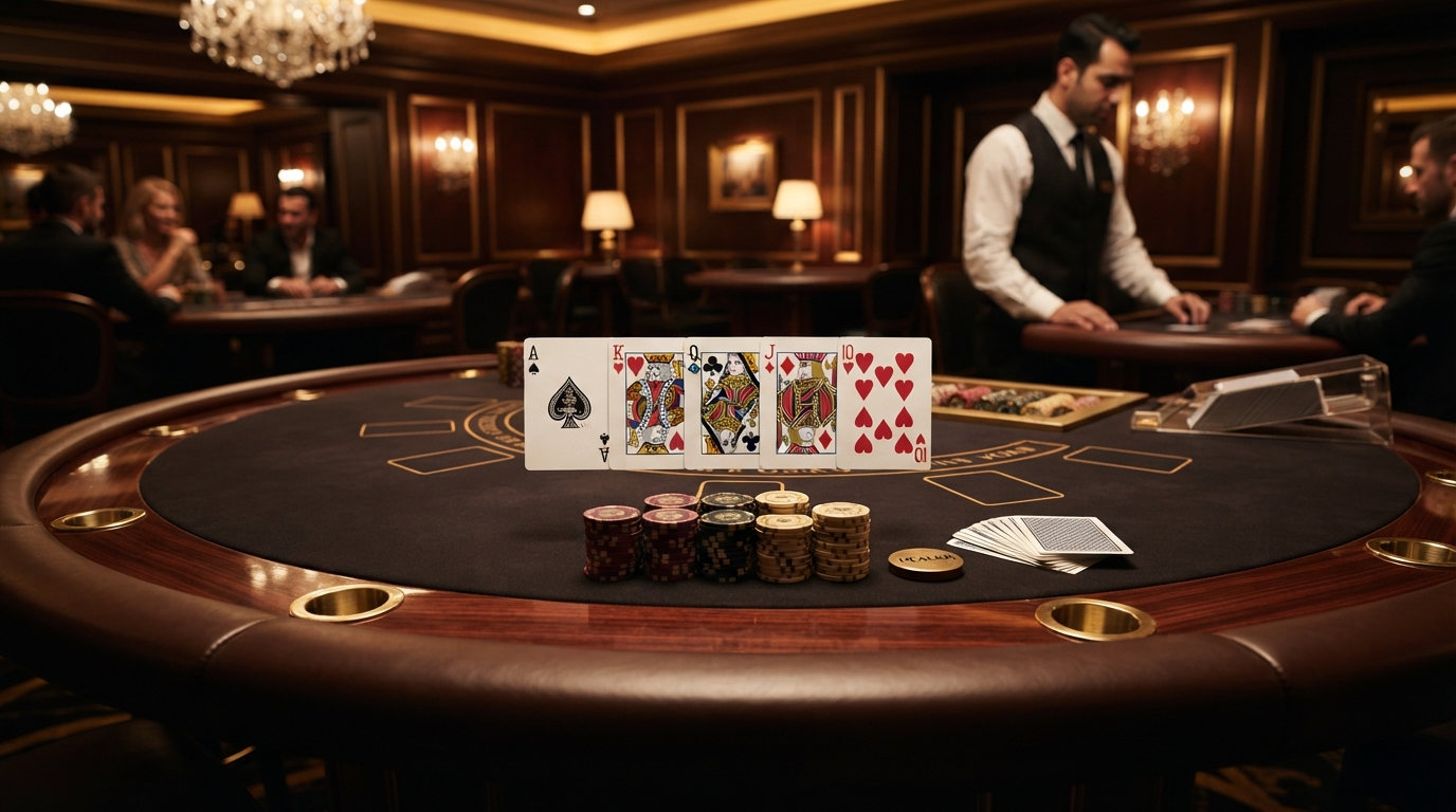 Voodoodreams Nye Casino: Vores Anbefalinger — Nærstudie af et kortspil på et glat bord, oplyst af blødt, gyldent lys.